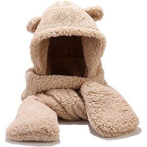 Unisex Beige Winter Bear Ear Sherpa Hood Hat Scarf Gloves 3 in1 100% Polyester